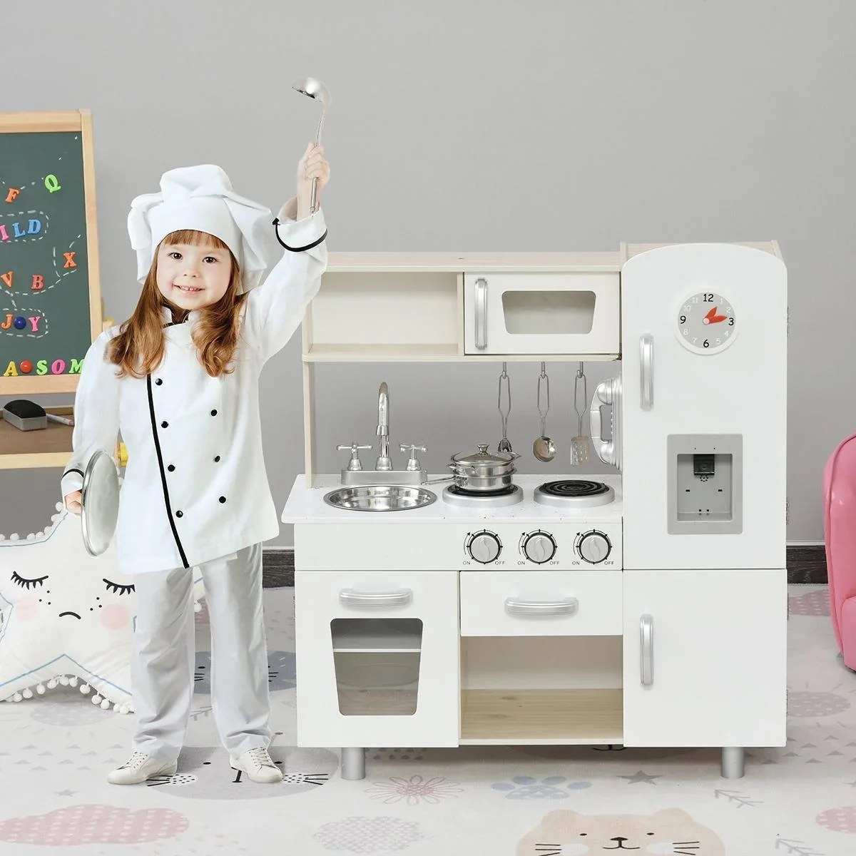 Kinderküche mit Zubehör, Traumküche, Spielküche, Spielzeugküche für 3 Jahre+, Kiefer, MDF, Weiß, 74 x 30 x 81 cm - 0
