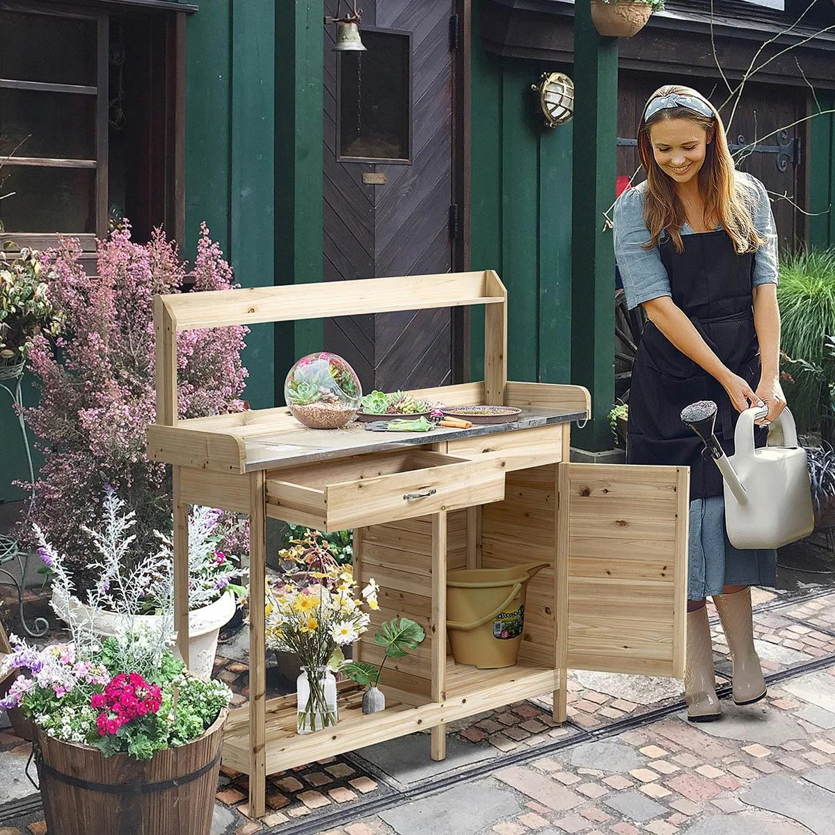Pflanztisch mit verzinkter Arbeitsplatte Gärtnertisch mit Schublade Schrank Garten Arbeitstisch Massivholz Natur 112 x 4 - 0