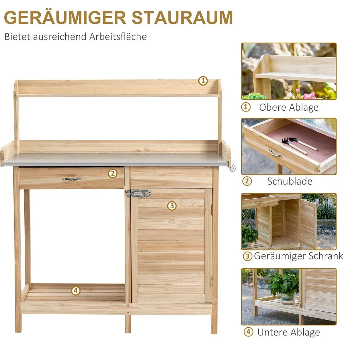 Pflanztisch mit verzinkter Arbeitsplatte Gärtnertisch mit Schublade Schrank Garten Arbeitstisch Massivholz Natur 112 x 4 - 1