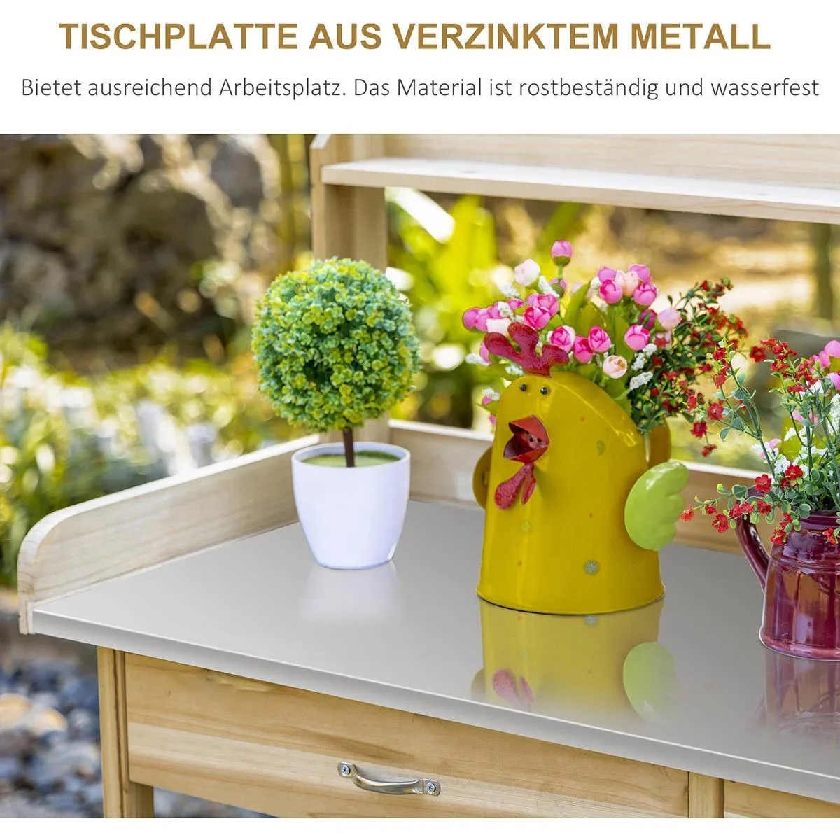 Pflanztisch mit verzinkter Arbeitsplatte Gärtnertisch mit Schublade Schrank Garten Arbeitstisch Massivholz Natur 112 x 4 - 2
