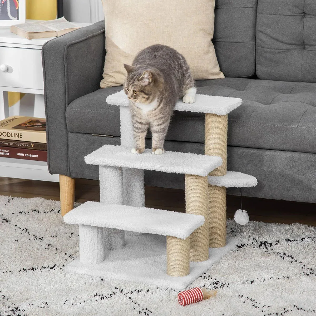 Spielplattform für Katzen - mit Kratzbaum und Spielball - Weiß - 45 x 40 x 48 cm - 3