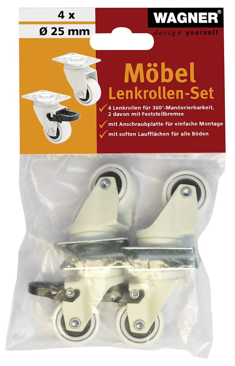 Design 3C Lenkrollen 4 teiliges Set - Ø 25 mm, soft, weiß, 2 Rollen mit & 2 ohne Feststeller, Tragkraft 12 kg / Rolle - 0
