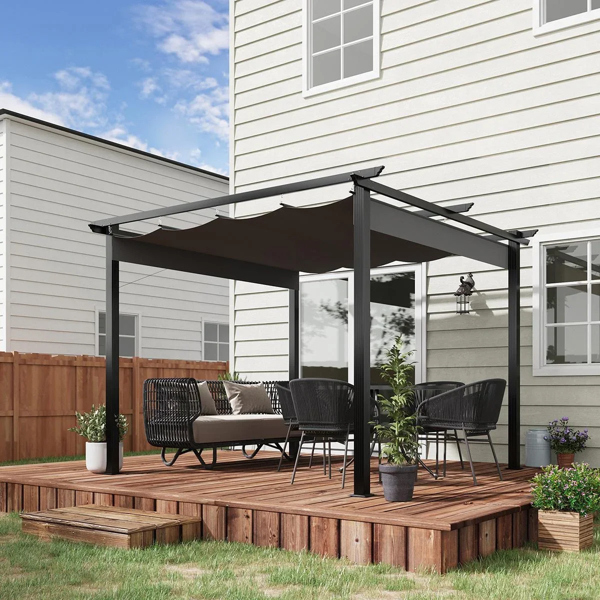 Pergola mit verstellbarer Markise Aluminium Grau+Schwarz 3 x 3 m - 0