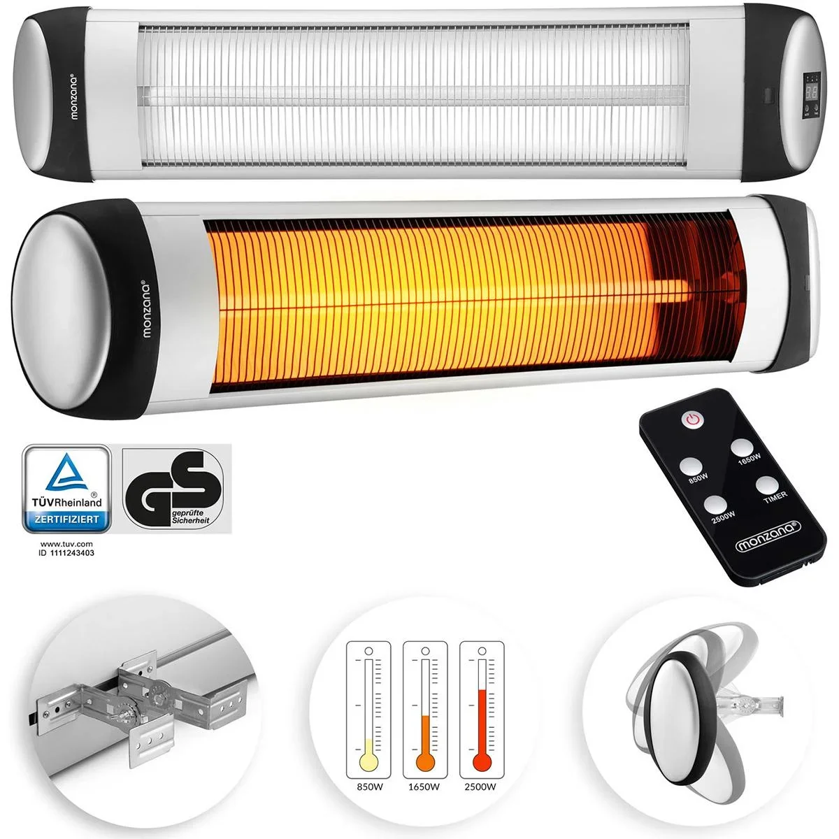 TRESKO Infrarot-Heizung 2500W Silber mit Fernbedienung - 0