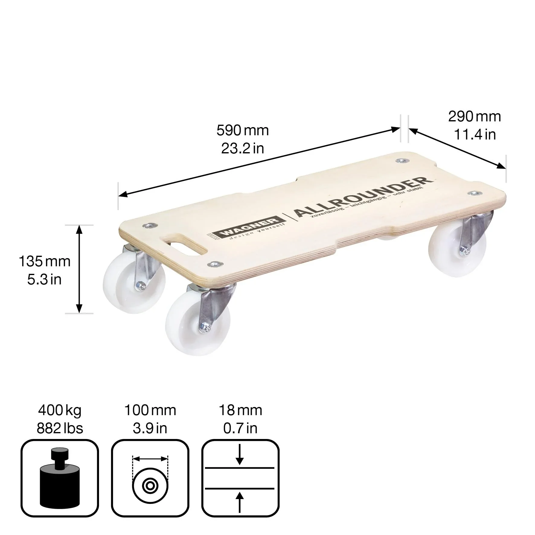 Transporthilfe MM 1326, 59 x 29 x 13,5 cm, harte Rollen Ø 100 mm, Rollenlager, Multiplex Birke FSC®, Tragkraft 400 kg - 5