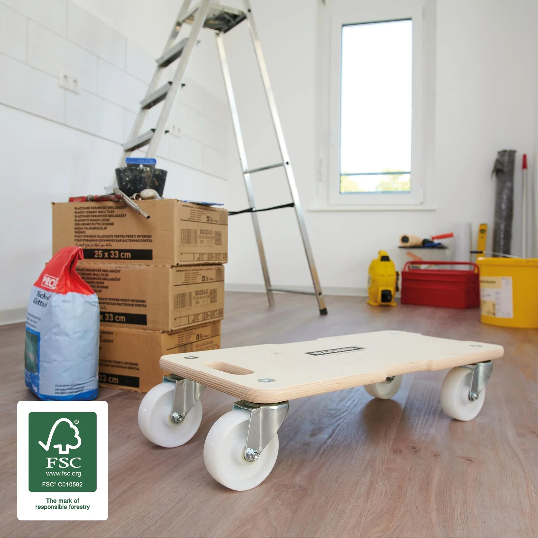 Transporthilfe MM 1326, 59 x 29 x 13,5 cm, harte Rollen Ø 100 mm, Rollenlager, Multiplex Birke FSC®, Tragkraft 400 kg - 7