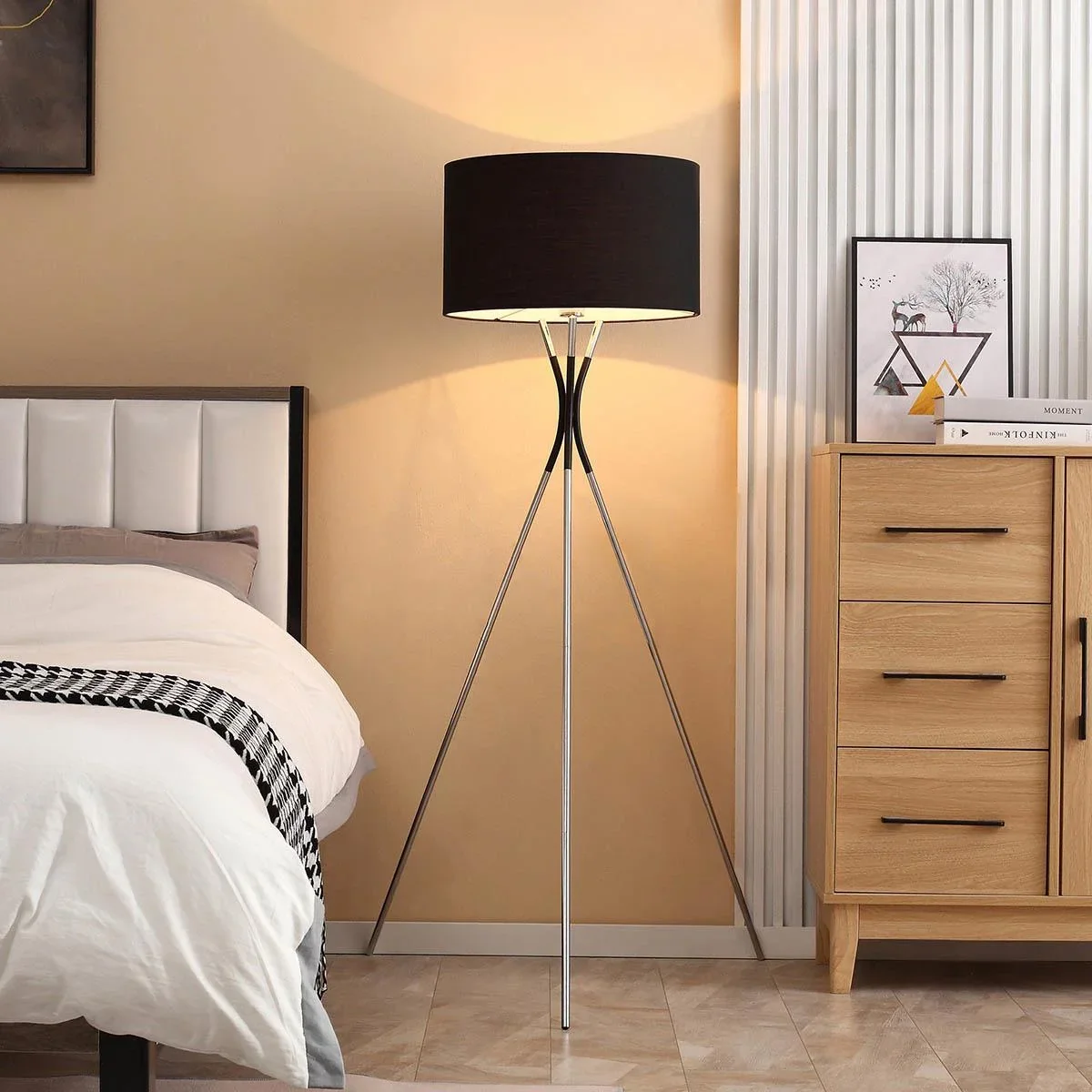 Stehlampe Wohnzimmer Tripod Stehleuchte 40W moderne Standleuchte mit E27 Fassung Stoffschirm Metallfuß für Schlafzimmer - 0