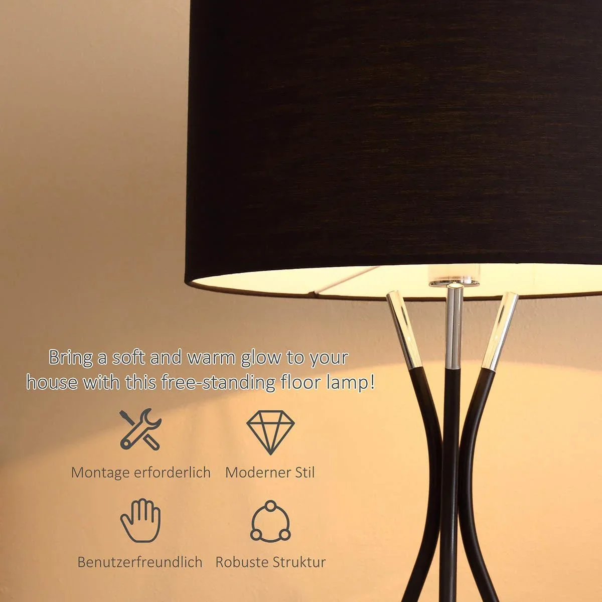 Stehlampe Wohnzimmer Tripod Stehleuchte 40W moderne Standleuchte mit E27 Fassung Stoffschirm Metallfuß für Schlafzimmer - 2