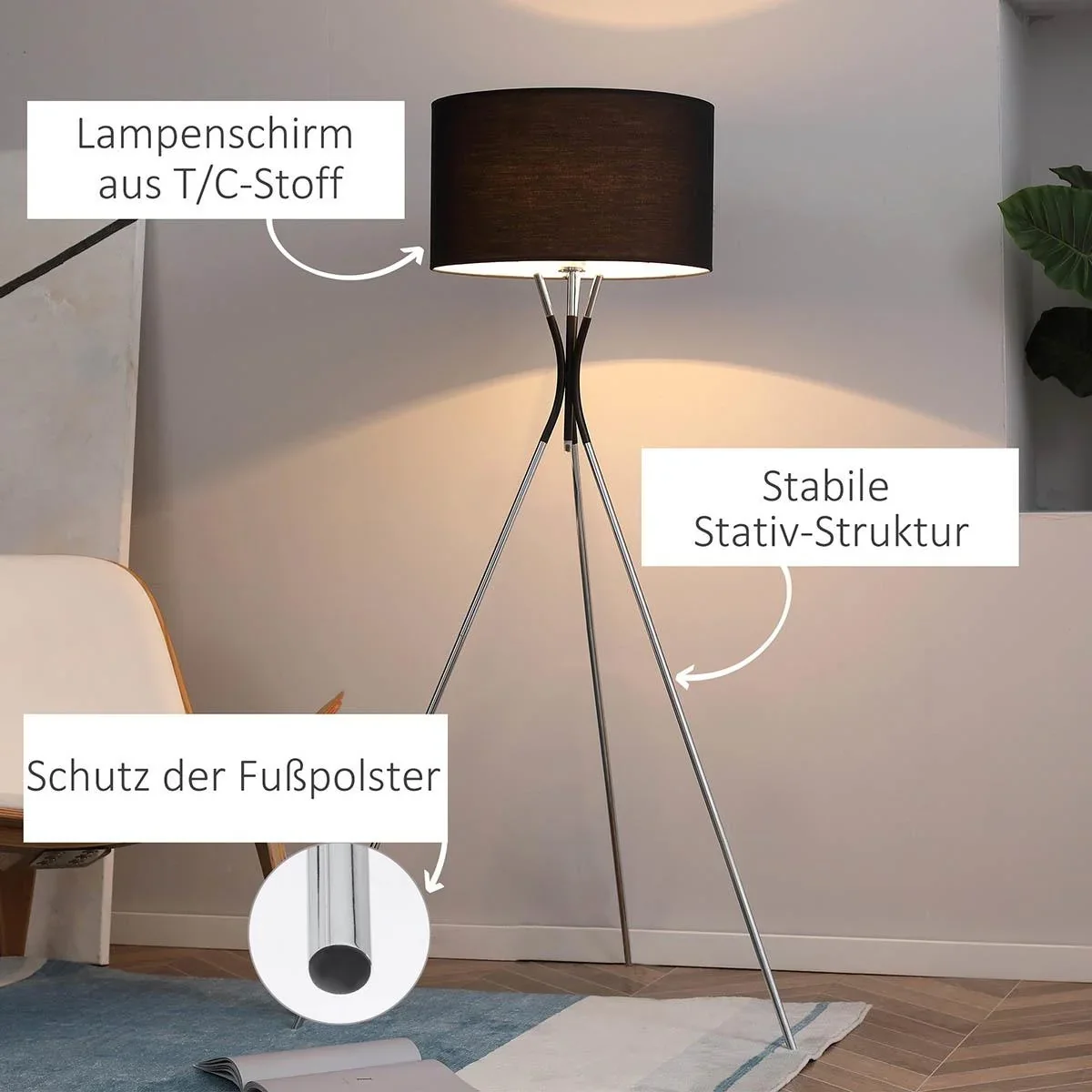 Stehlampe Wohnzimmer Tripod Stehleuchte 40W moderne Standleuchte mit E27 Fassung Stoffschirm Metallfuß für Schlafzimmer - 3