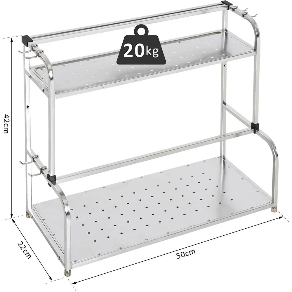 Küchenregal Standregal Wandregale 2 Ablagen mit 6 Haken Multifunktions Edelstahl Silber L50 x B22 x H42cm - 5