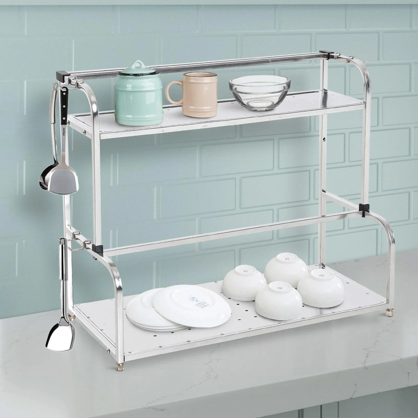 Küchenregal Standregal Wandregale 2 Ablagen mit 6 Haken Multifunktions Edelstahl Silber L50 x B22 x H42cm - 6