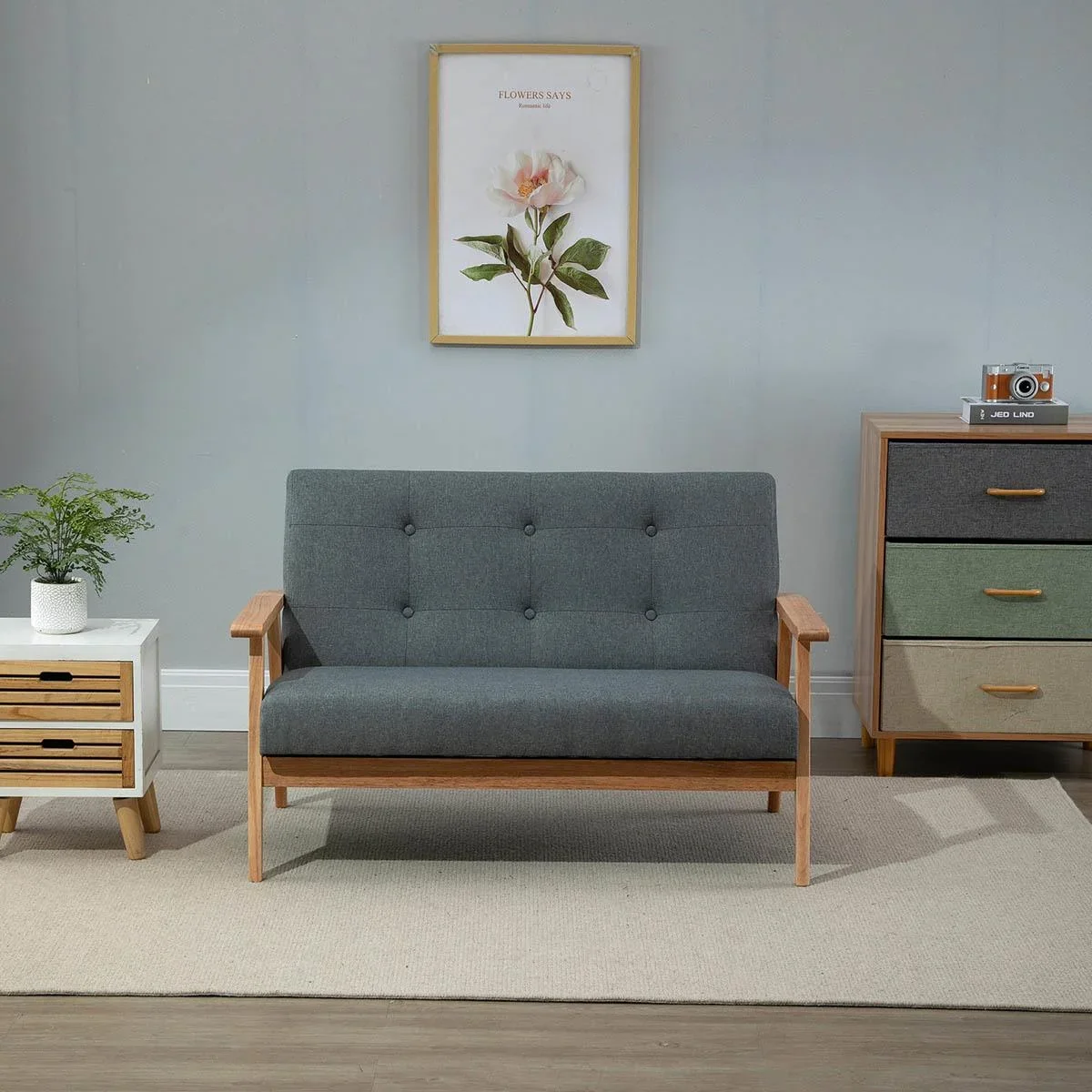 2 Sitzer Sofa Zweisitzer Stoffsofa Doppelsofa Polsterung Loveseat kompaktes Design Leinen Gummiholz Grau 115 x 66,5 x 73 - 0