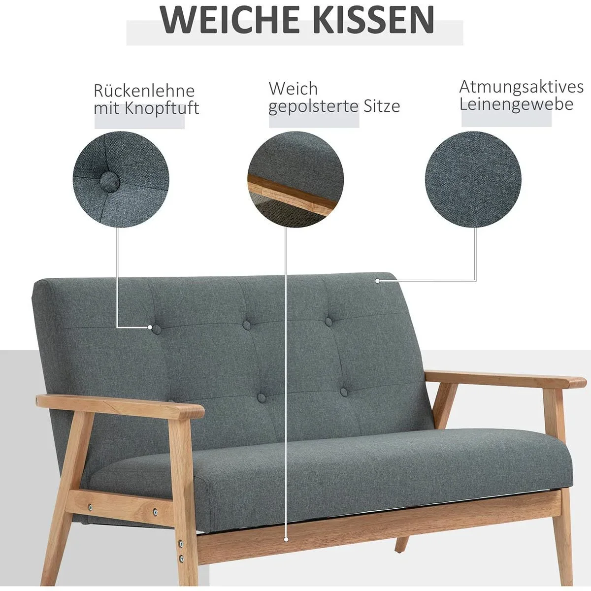2 Sitzer Sofa Zweisitzer Stoffsofa Doppelsofa Polsterung Loveseat kompaktes Design Leinen Gummiholz Grau 115 x 66,5 x 73 - 2