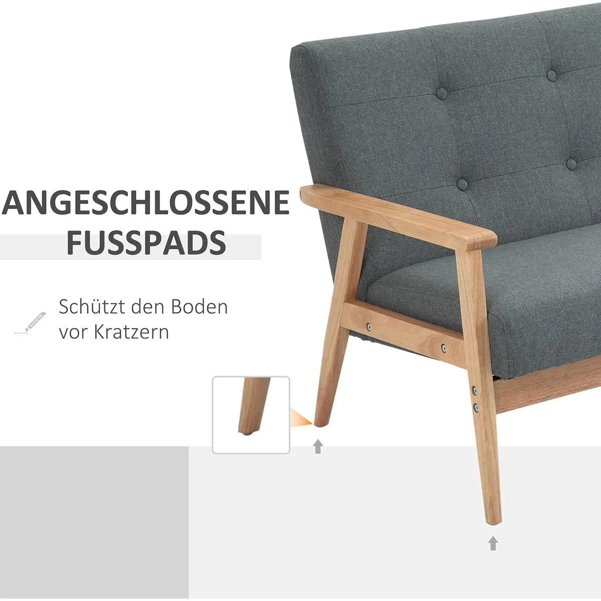 2 Sitzer Sofa Zweisitzer Stoffsofa Doppelsofa Polsterung Loveseat kompaktes Design Leinen Gummiholz Grau 115 x 66,5 x 73 - 3