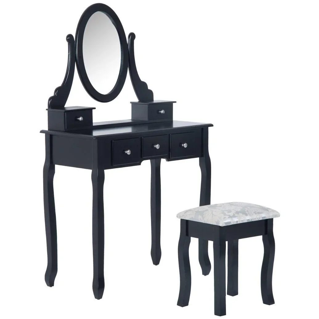 Schminktisch Frisierkommode mit Spiegel und Hocker Schwarz - 0