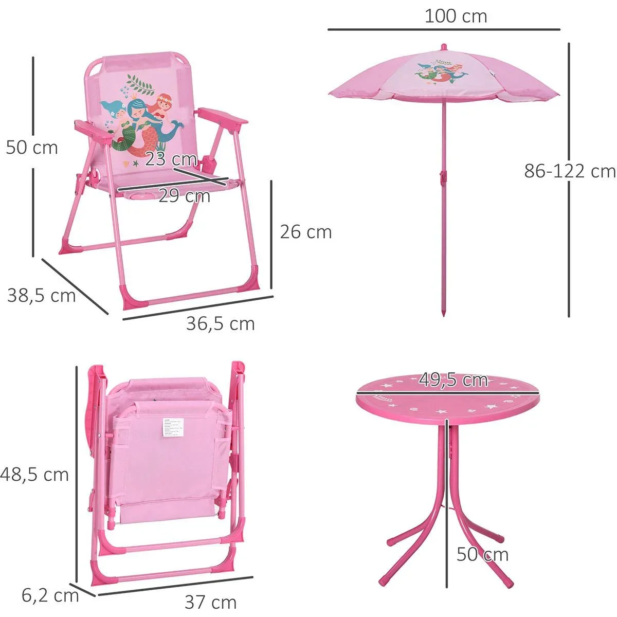 4 Stück Kindermöbel Set Gartentisch 2 Klappstühle Sonnenschirm Camping Kindersitz Set Gartenmöbel für 3-6 Jahre rosa - 2