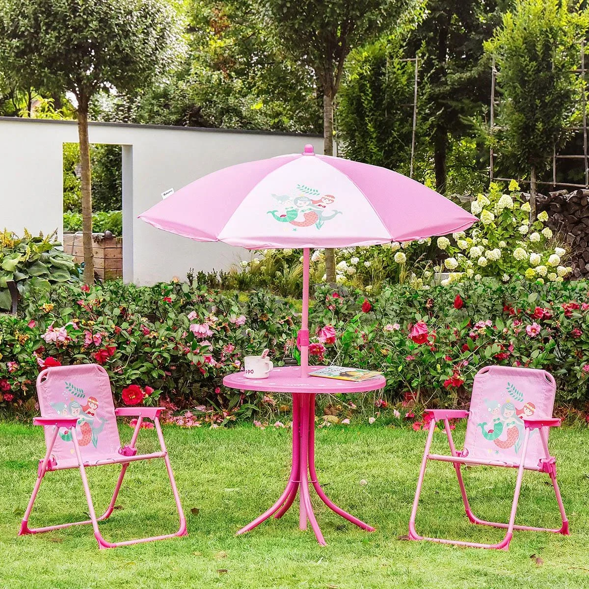 4 Stück Kindermöbel Set Gartentisch 2 Klappstühle Sonnenschirm Camping Kindersitz Set Gartenmöbel für 3-6 Jahre rosa - 3