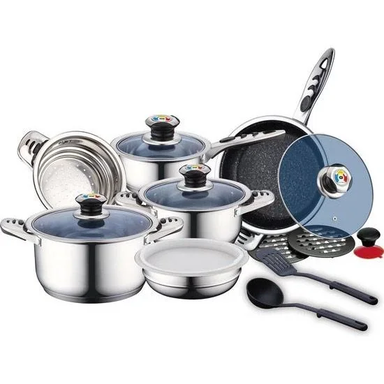 16-teiliges Kochset aus Edelstahl mit Metalldeckeln - 0