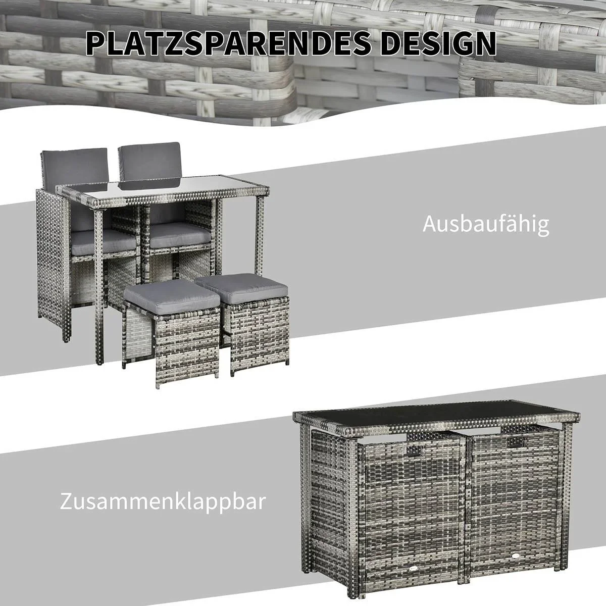 Polyrattan Sitzgruppe Essgruppe Gartenset Garnitur 11 tlg. mit Kissen, Grau - 1