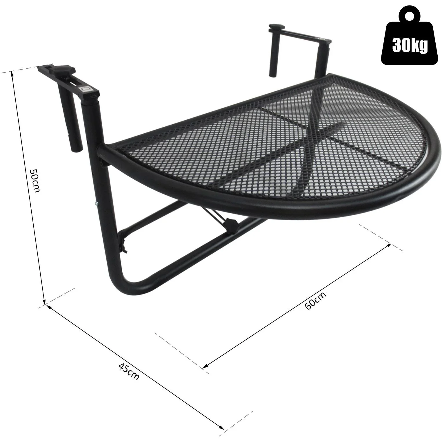 Balkonhängetisch Hängetisch höhenverstellbar halbrund Ø30 cm Terrasse Metall Schwarz L60 x B45 x H50 cm - 2