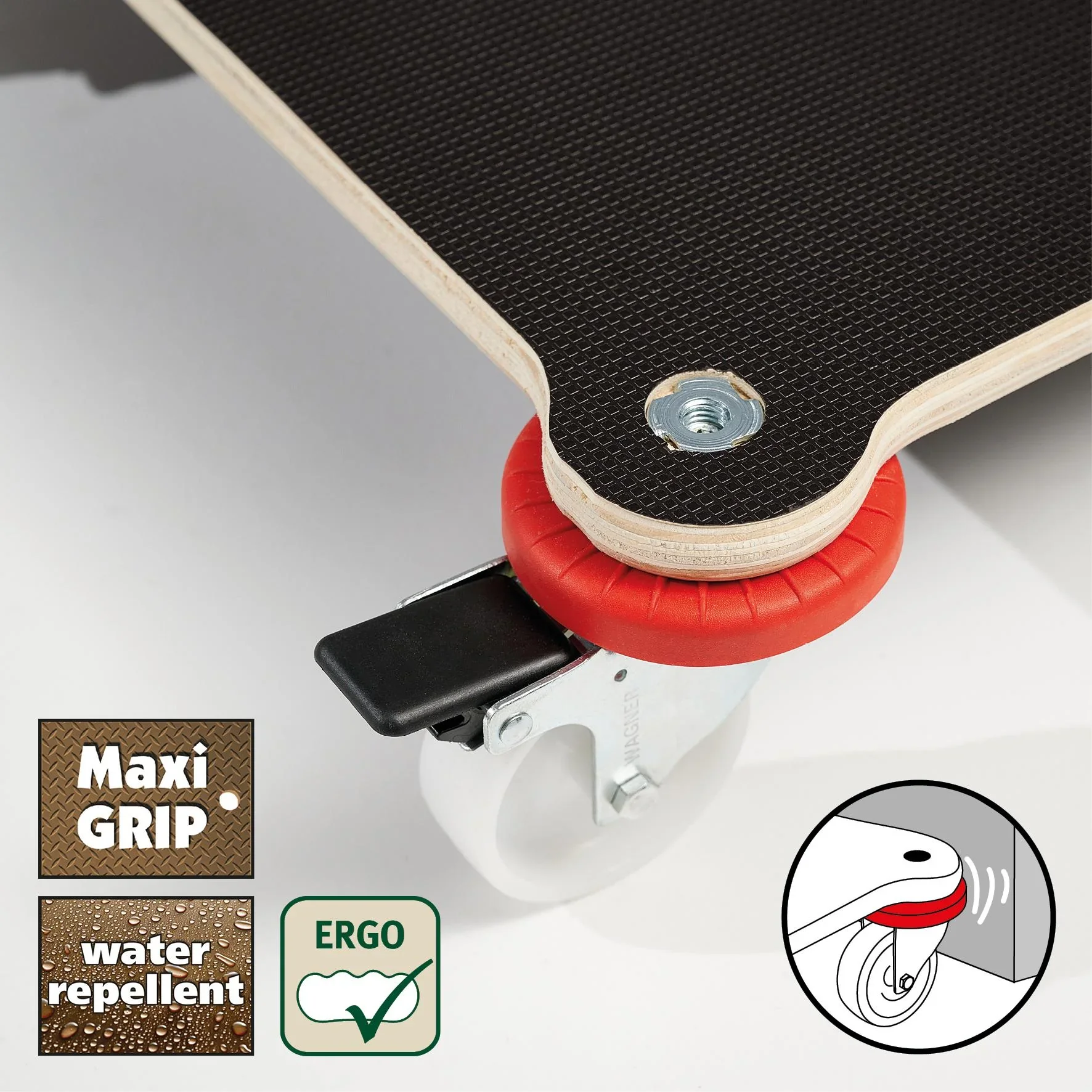 Transporthilfe MM 1375, 71 x 44 x 12,5 cm, harte Rollen Ø 75 mm, Gleitlager, 2 Bremsen, Platte FSC®, Tragkraft 200 kg - 1