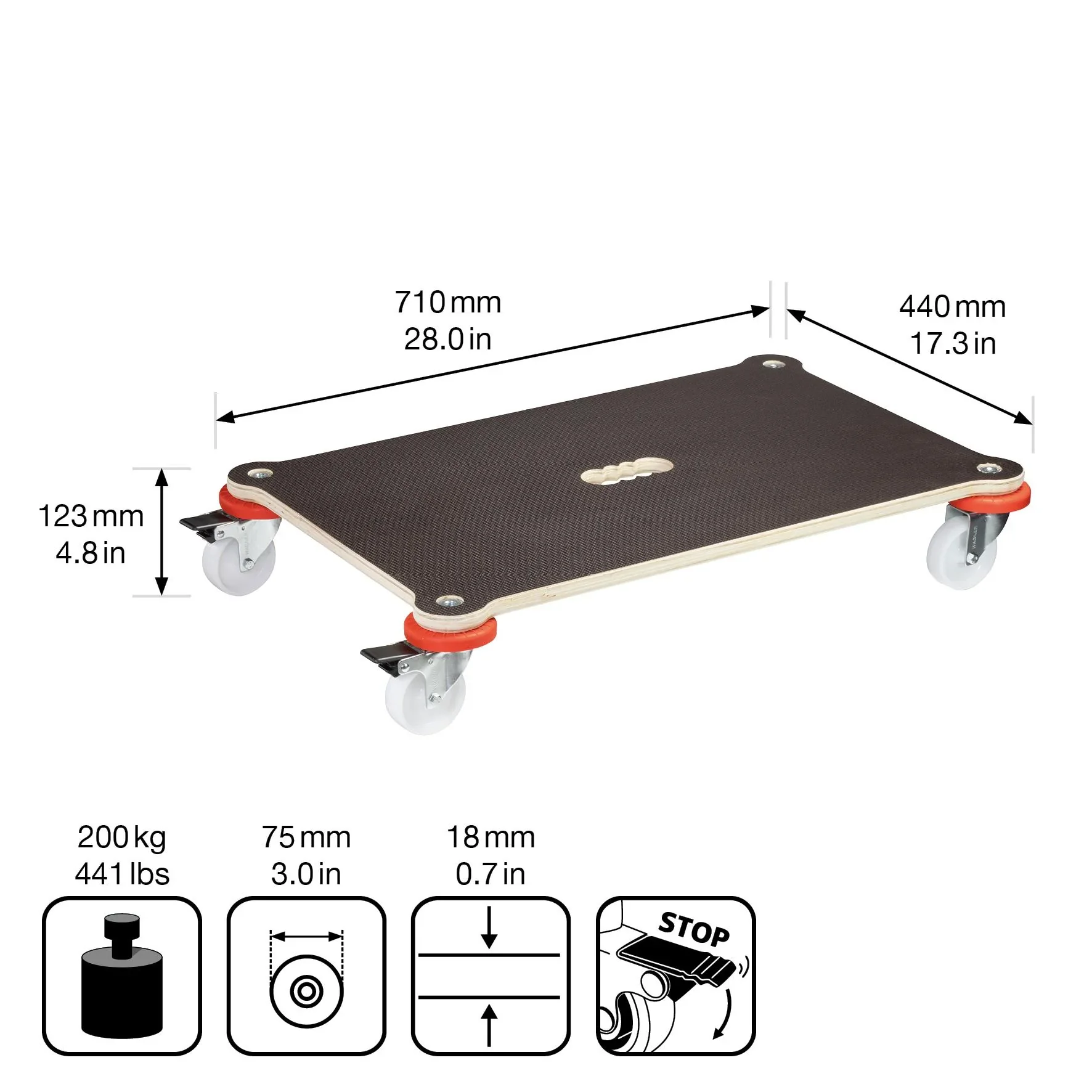 Transporthilfe MM 1375, 71 x 44 x 12,5 cm, harte Rollen Ø 75 mm, Gleitlager, 2 Bremsen, Platte FSC®, Tragkraft 200 kg - 5