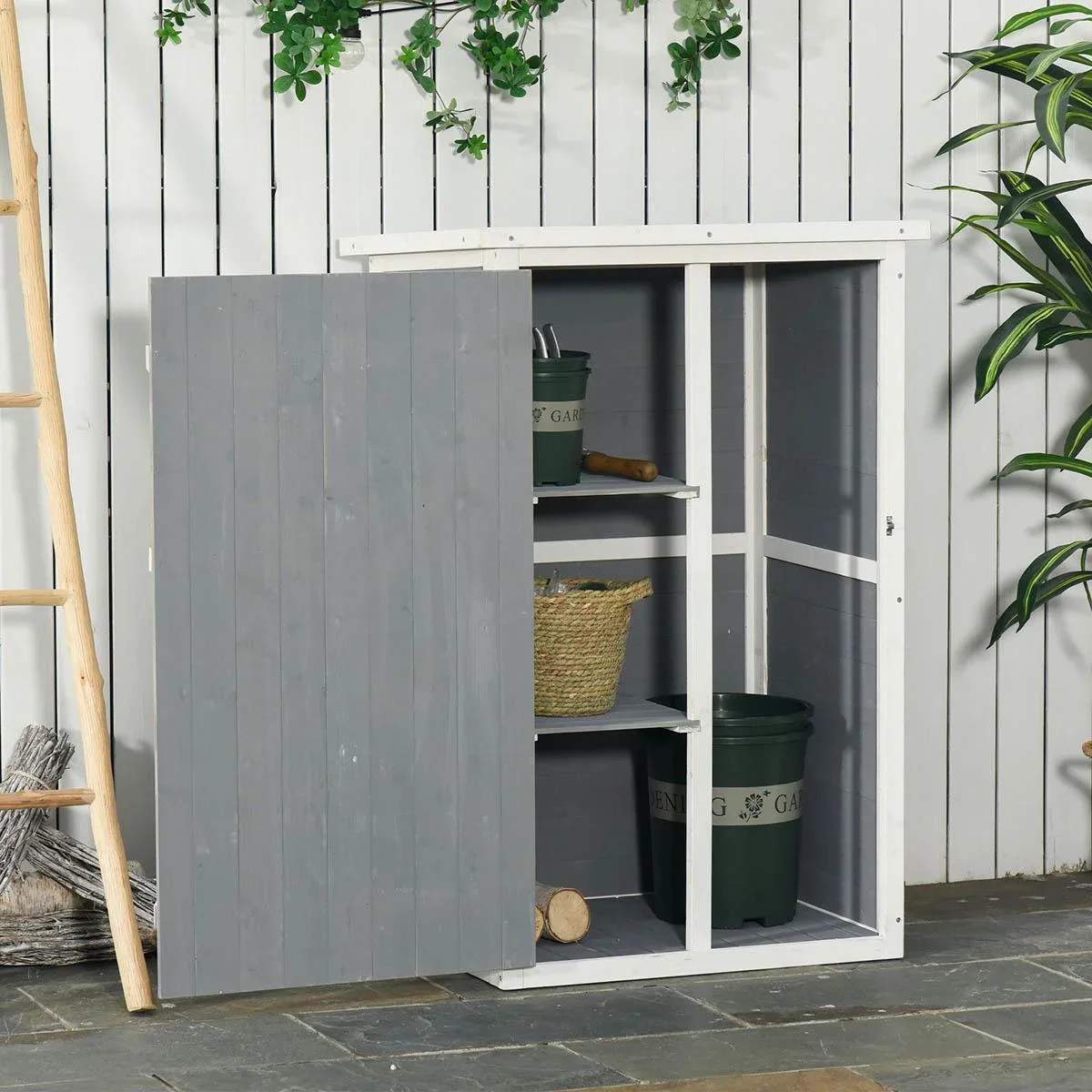 Gartenhaus Gerätehaus Geräteschuppen mit Regalböden Geräteschuppen Lagerschuppen für Garten Tanne Schwarz+Grau+Weiß 75 x - 2