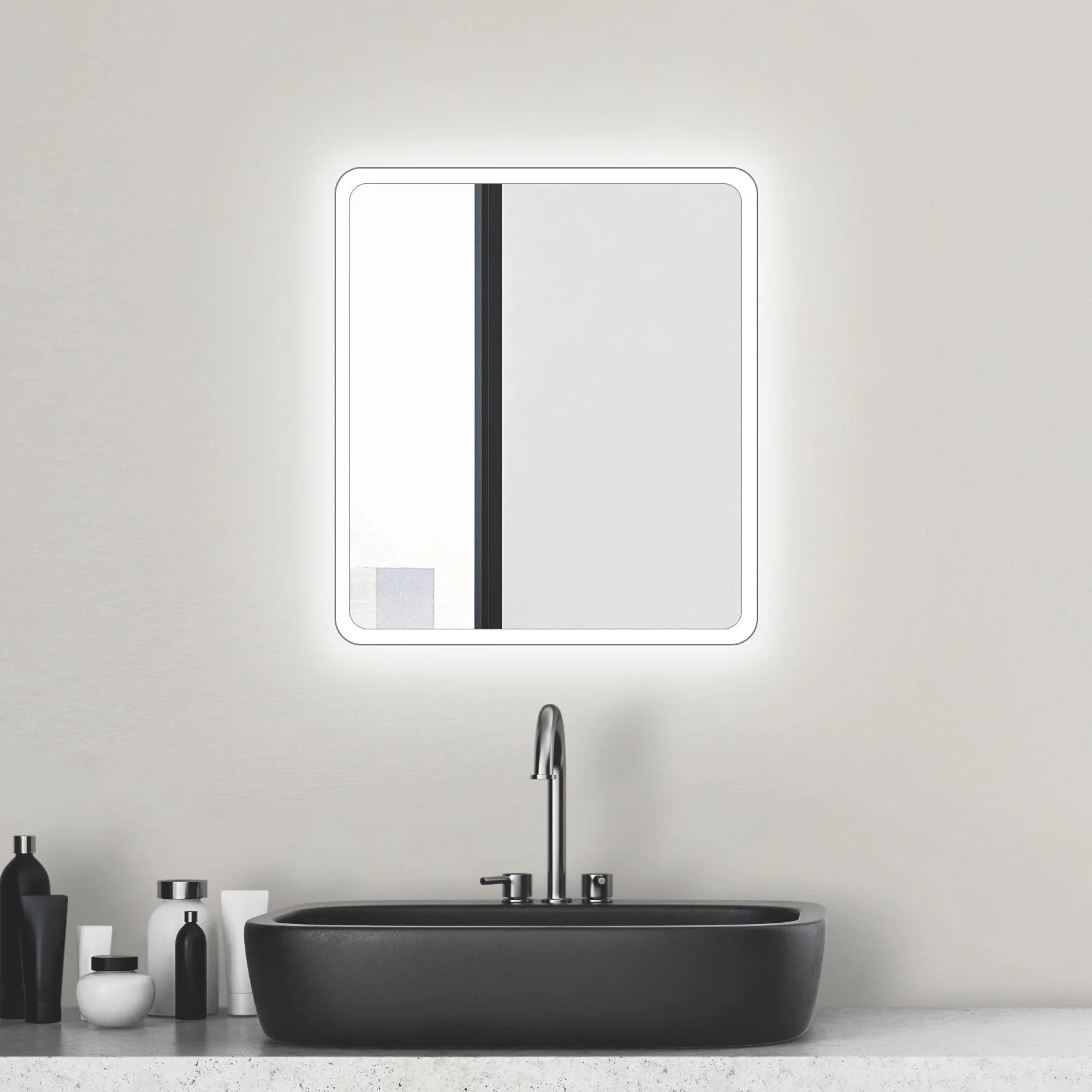 Badezimmerspiegel mit Beleuchtung, "Moon" - 40 x 45 cm - mit umlaufenden Raumlicht - Lichtfarbe neutralweiß - 5