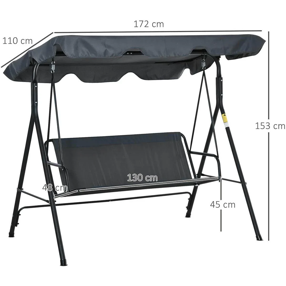 Hollywoodschaukel Gartenschaukel Schaukelbank 3-Sitzer mit Dach Stahl Grau+Schwarz 172 x 110 x 153 cm - 0