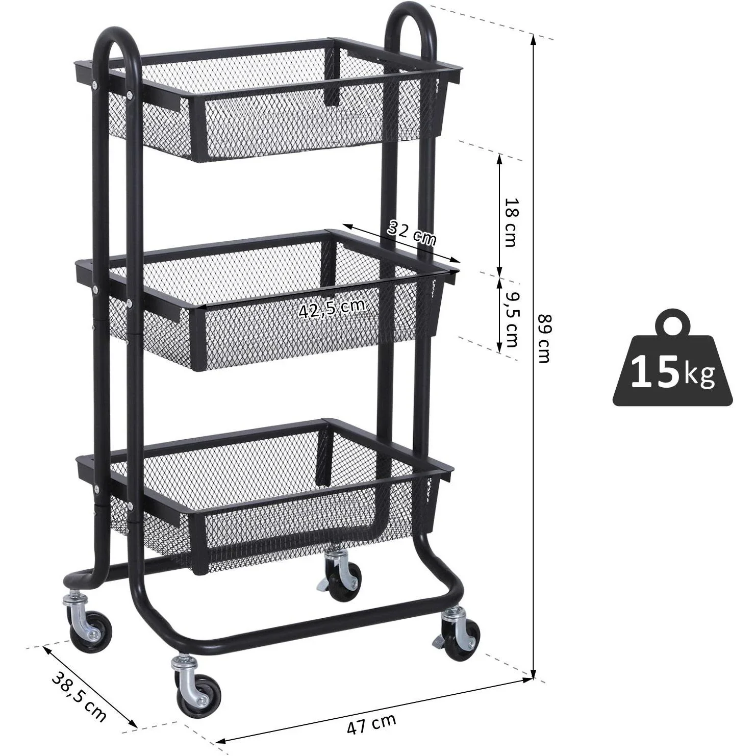 Allzweckwagen Allzweckregal mit Rollen Küchenwagen Küchenregal Metallregal Rollwagen 3 x Korb Karbonstahl - 0