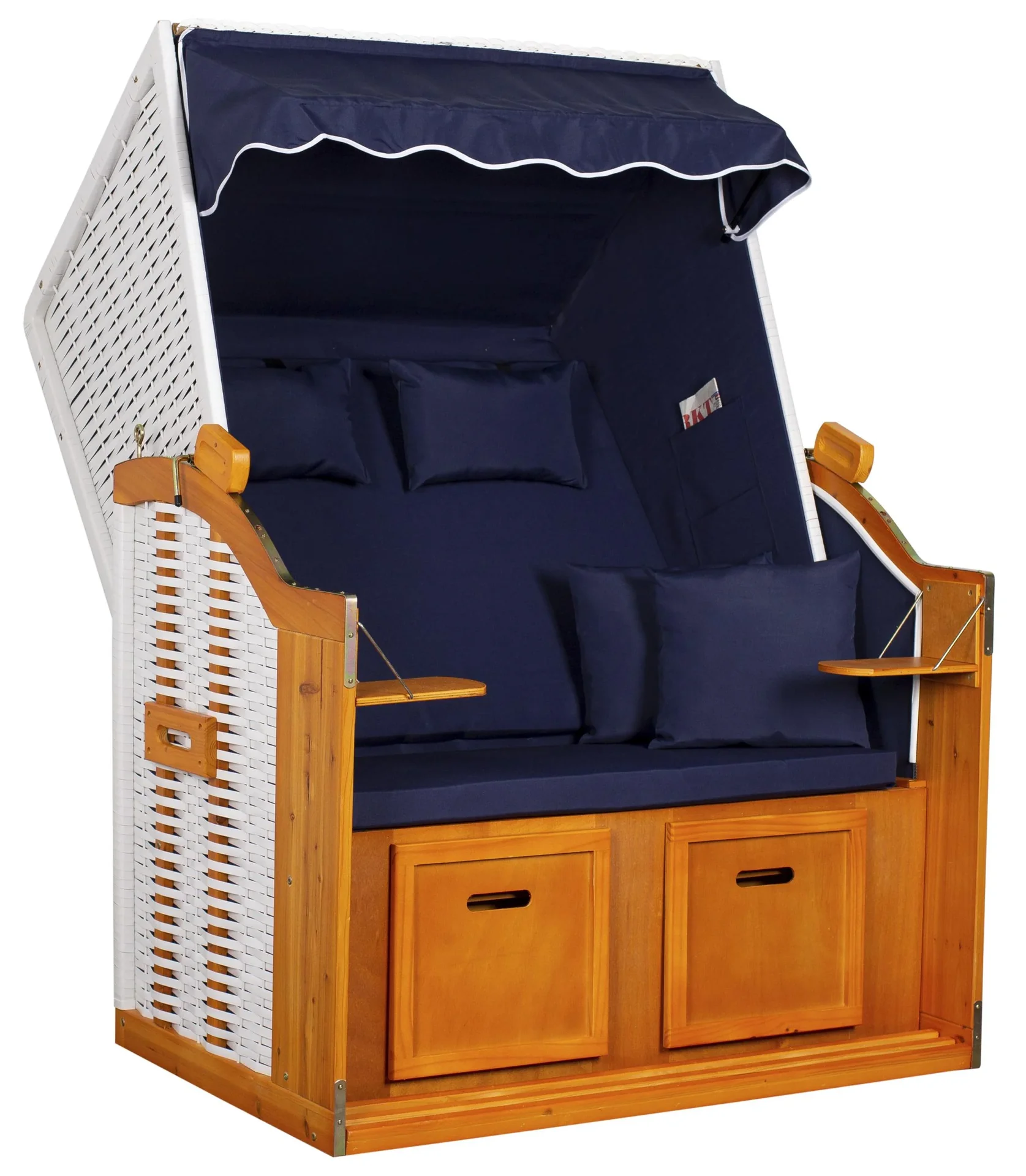 Strandkorb "Ostsee" Uni-Blau Massivholzgestell / wetterfestes Kunstrattan (weiss) - 1