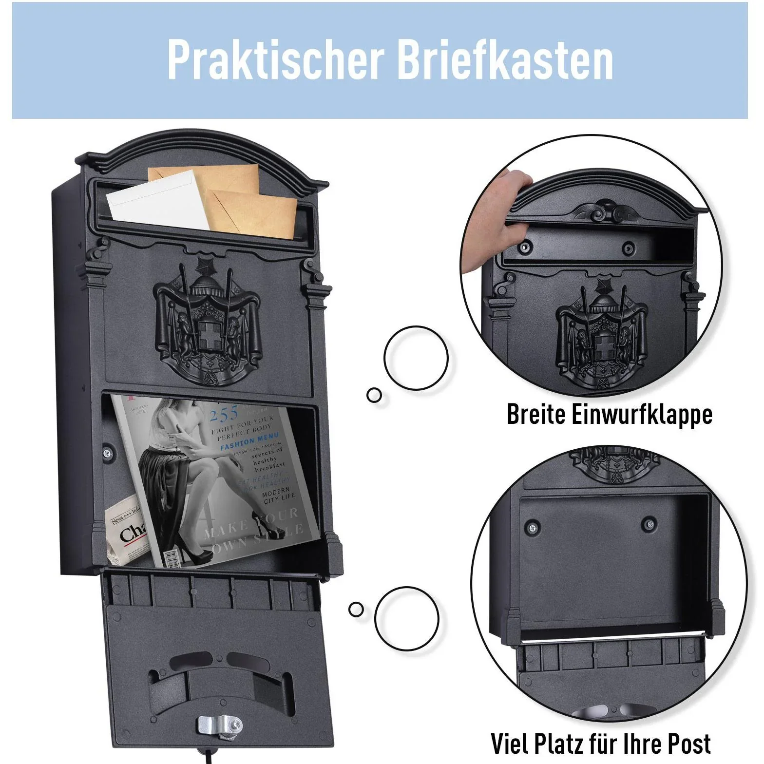 Postkasten Briefkasten Wandbriefkasten abschließbar mit Schutzklappe inkl. 2 Schlüssel - 2