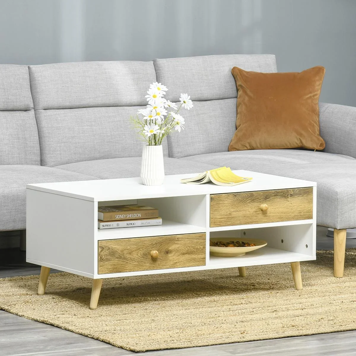 Couchtisch Wohnzimmertisch mit Schublade Regale Beistelltisch Kaffeetisch Teetisch Nachttisch Spanplatte Weiß+Braun 100 - 0
