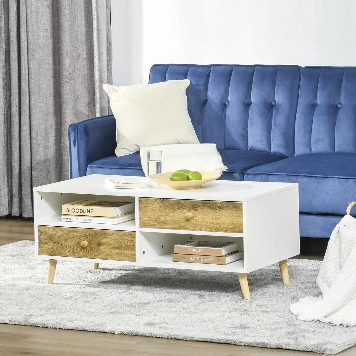 Couchtisch Wohnzimmertisch mit Schublade Regale Beistelltisch Kaffeetisch Teetisch Nachttisch Spanplatte Weiß+Braun 100 - 1