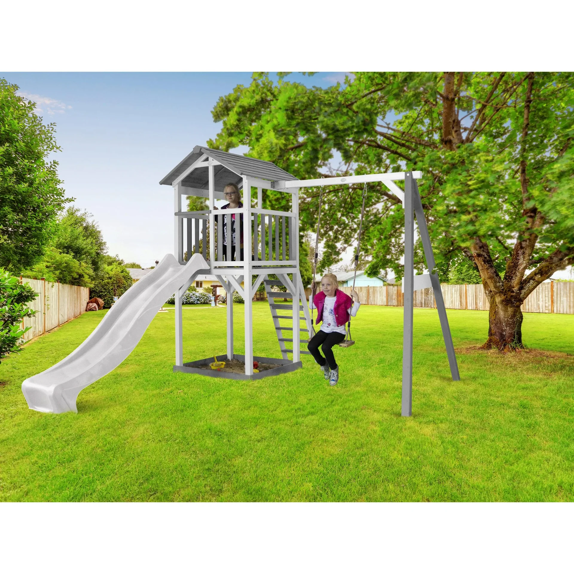 Beach Tower Spielturm mit Einzelschaukel - Weiße Rutsche - 5
