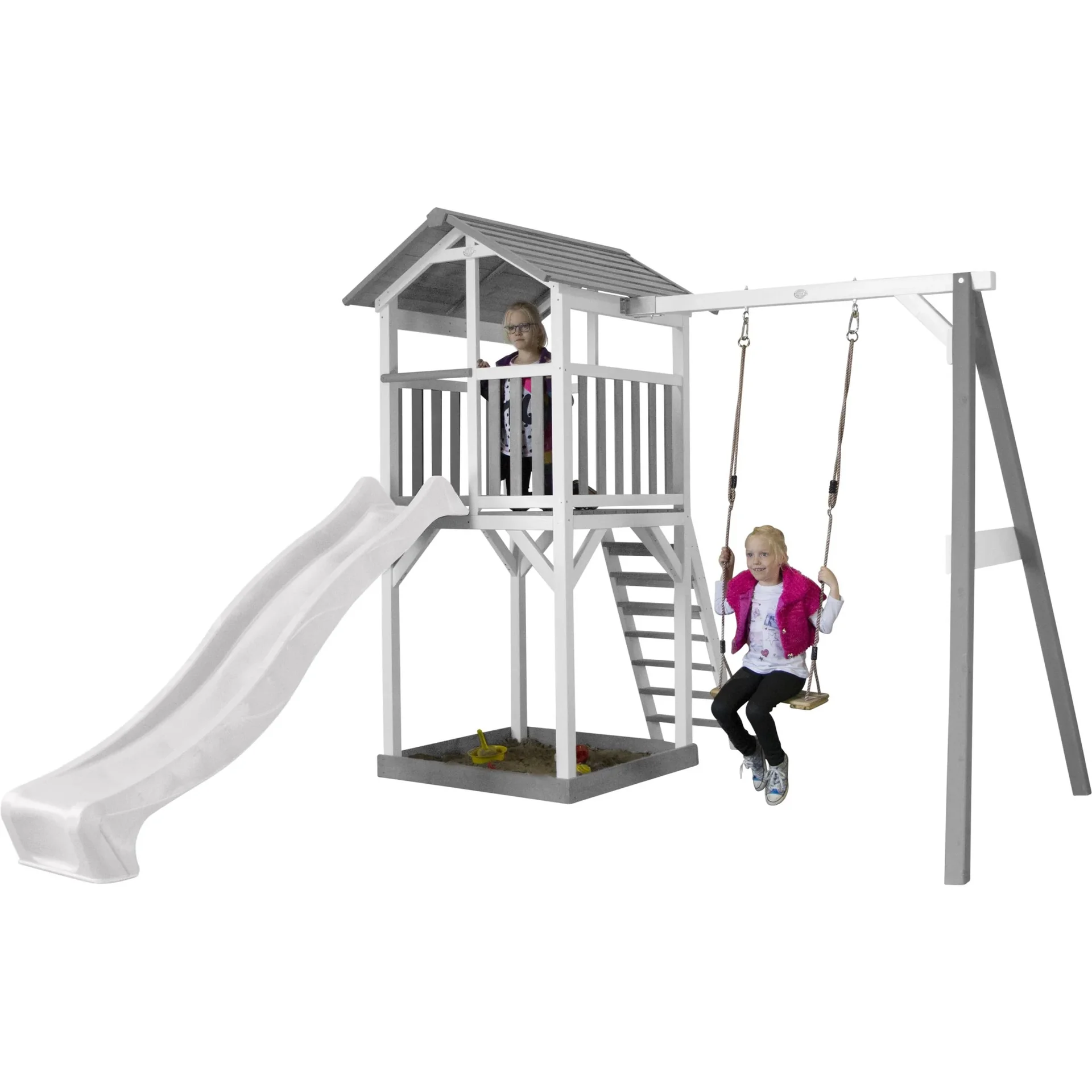 Beach Tower Spielturm mit Einzelschaukel - Weiße Rutsche - 6