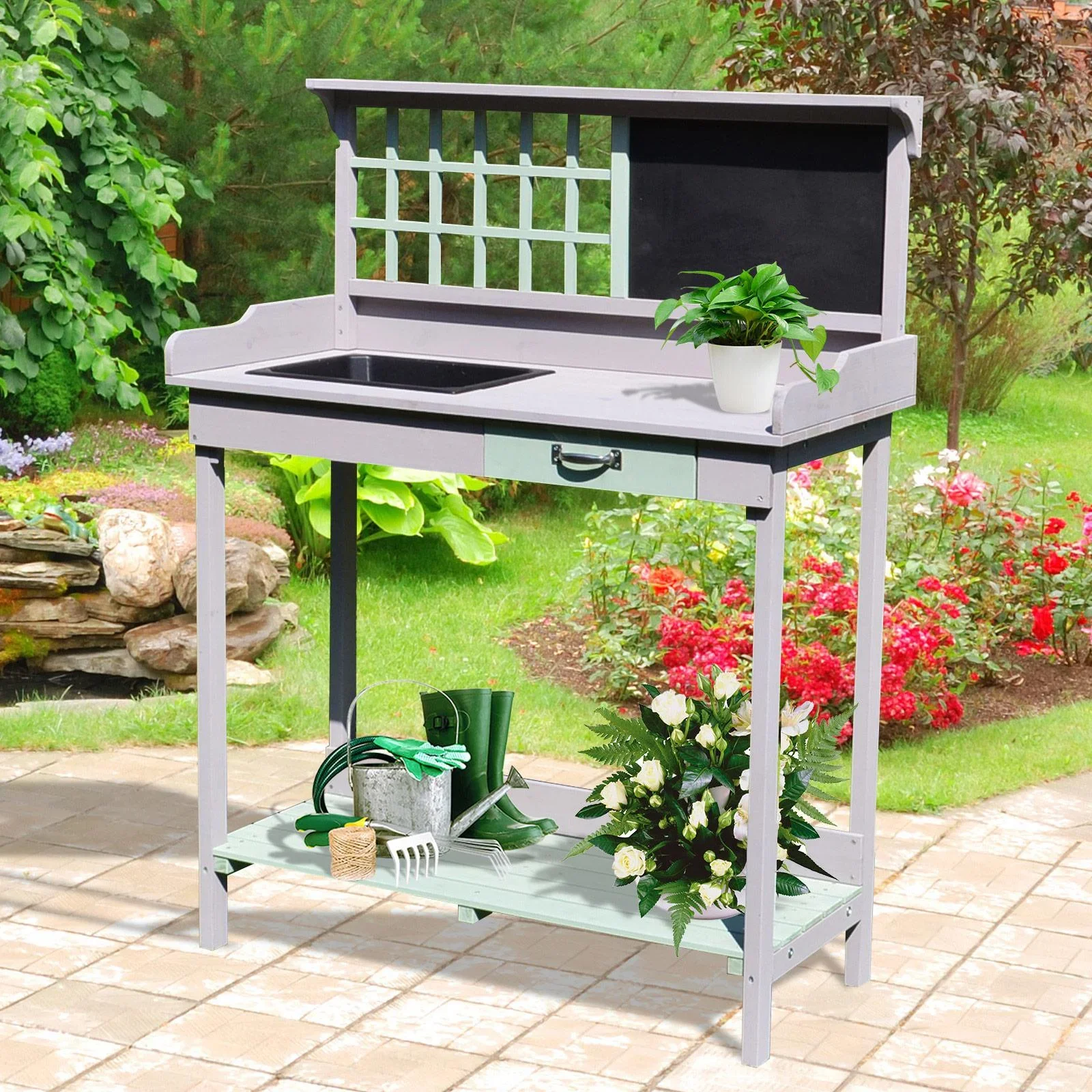 Pflanztisch Gärtnertisch Gartentisch Blumentisch mit Schublade und Wanne für den Garten Tannenholz 92 x 42,5 x 119,5 cm - 0