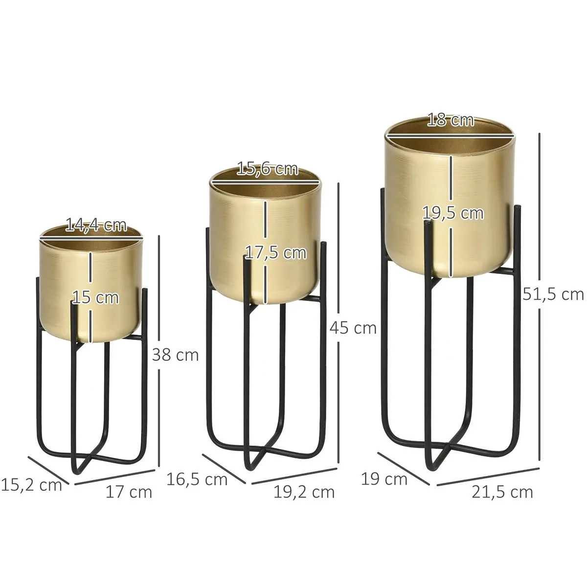 3er Set Blumenständer mit Blumentopf aus Metall Pflanzenständer Set Blumenhocker Blumentopfhalter Pflanzenhocker Gold - 0