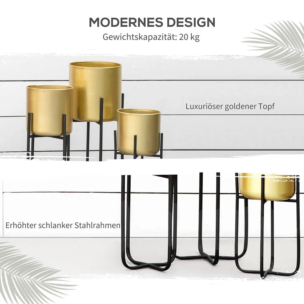 3er Set Blumenständer mit Blumentopf aus Metall Pflanzenständer Set Blumenhocker Blumentopfhalter Pflanzenhocker Gold - 1