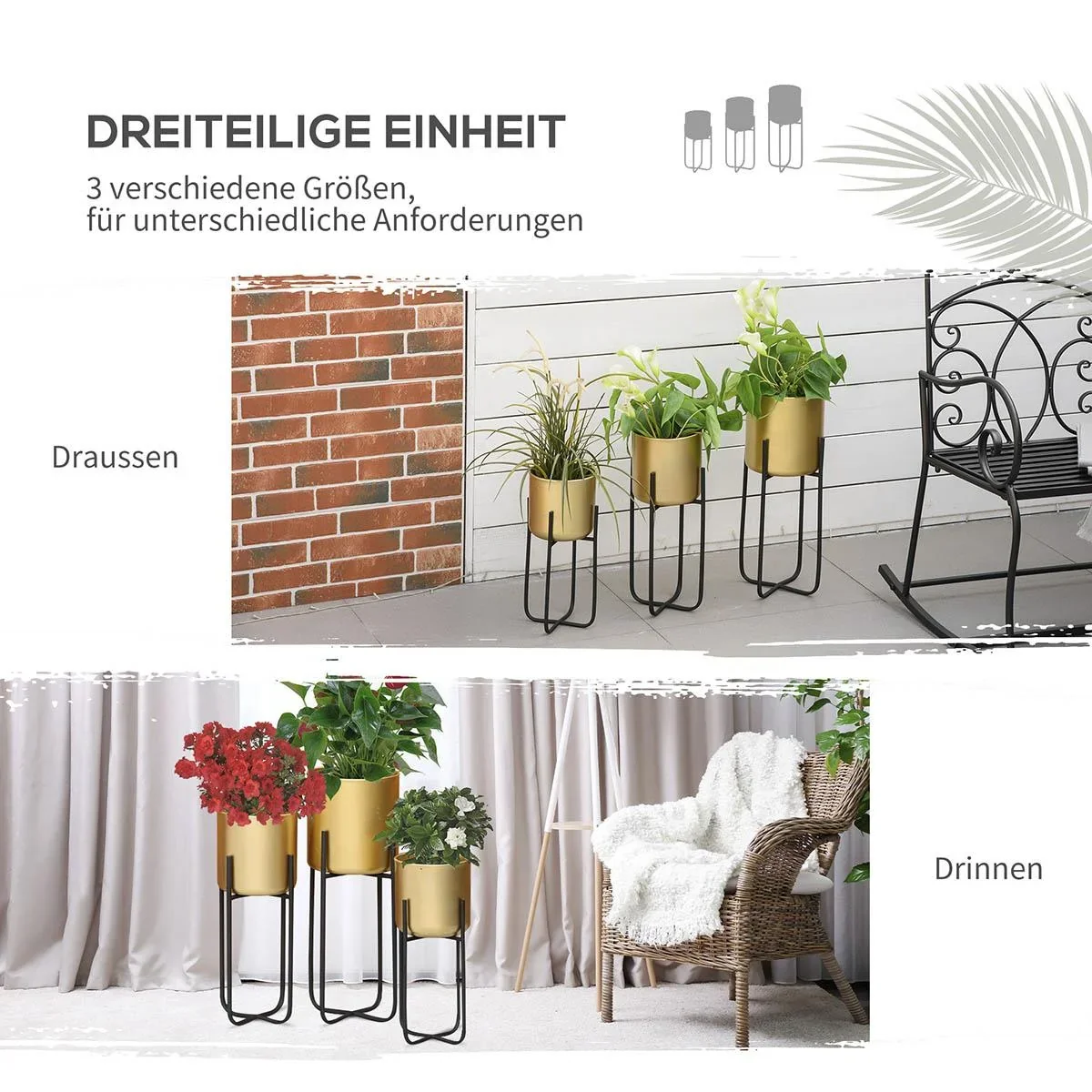 3er Set Blumenständer mit Blumentopf aus Metall Pflanzenständer Set Blumenhocker Blumentopfhalter Pflanzenhocker Gold - 2