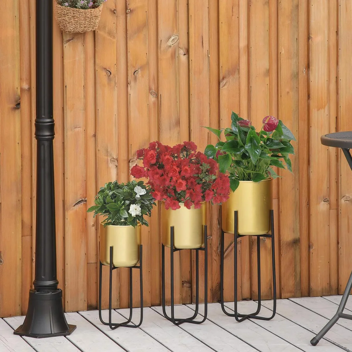 3er Set Blumenständer mit Blumentopf aus Metall Pflanzenständer Set Blumenhocker Blumentopfhalter Pflanzenhocker Gold - 3