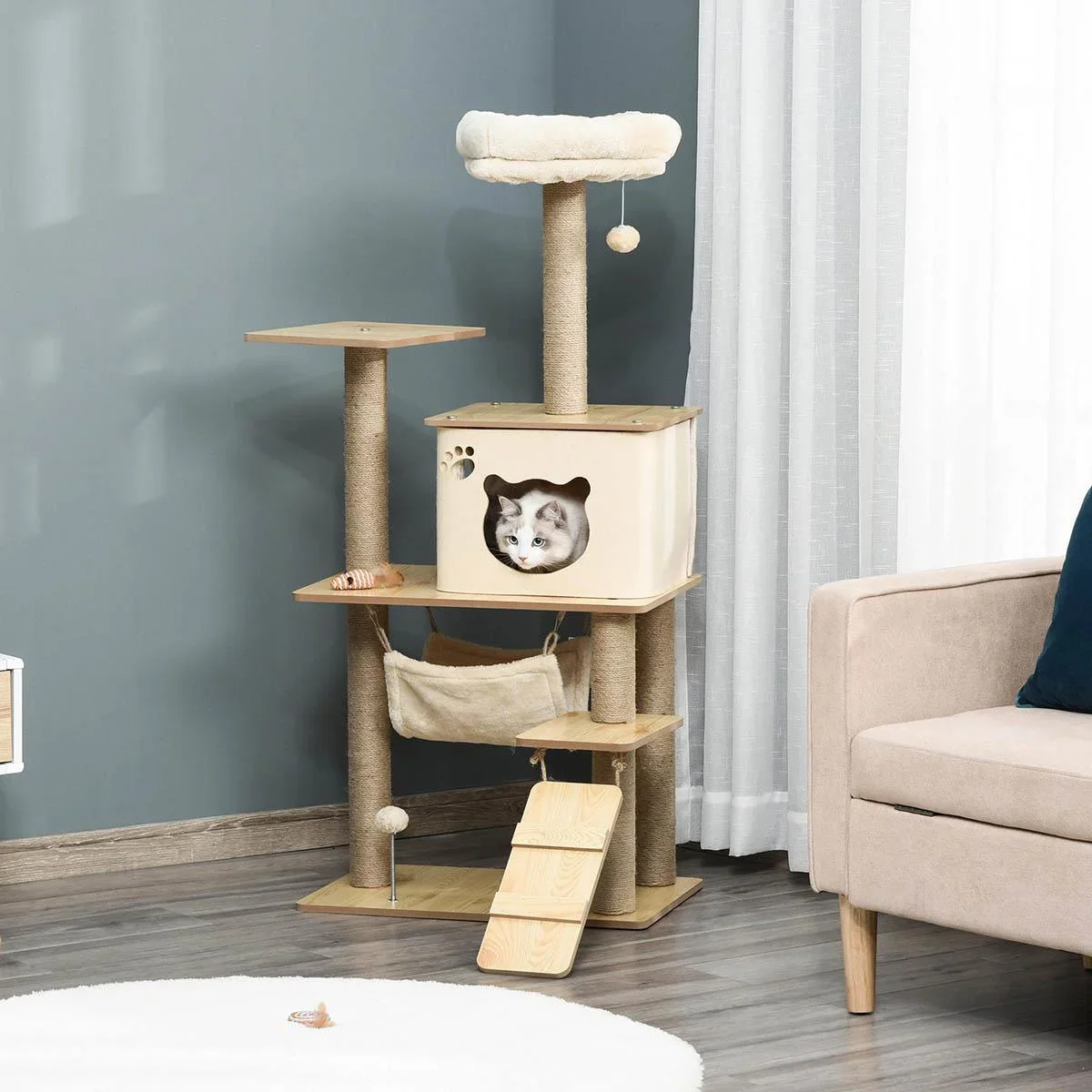 Spielplattform für Katzen - mit Kratzbaum, Haus, Handmatte - 60 x 40 x 130 cm - 2