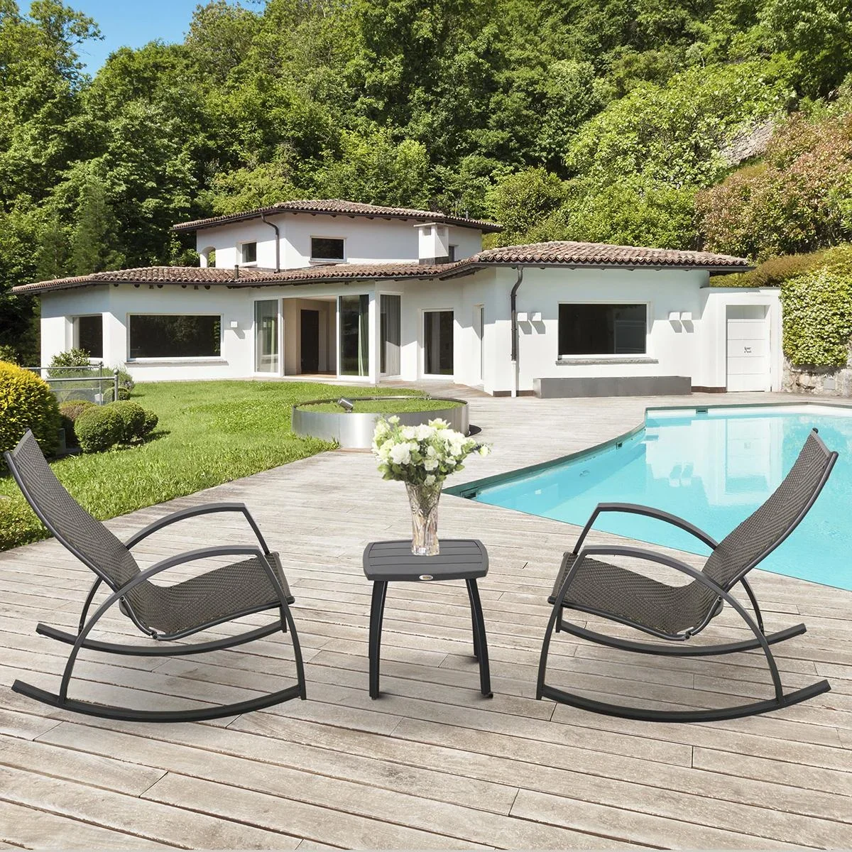 Rattan-Schaukelstuhl Bistroset 3 teilige 2 Stühle 1 Tisch Aluminium Komfort UV-Beständig für Gärten Terrassen Pools pati - 1