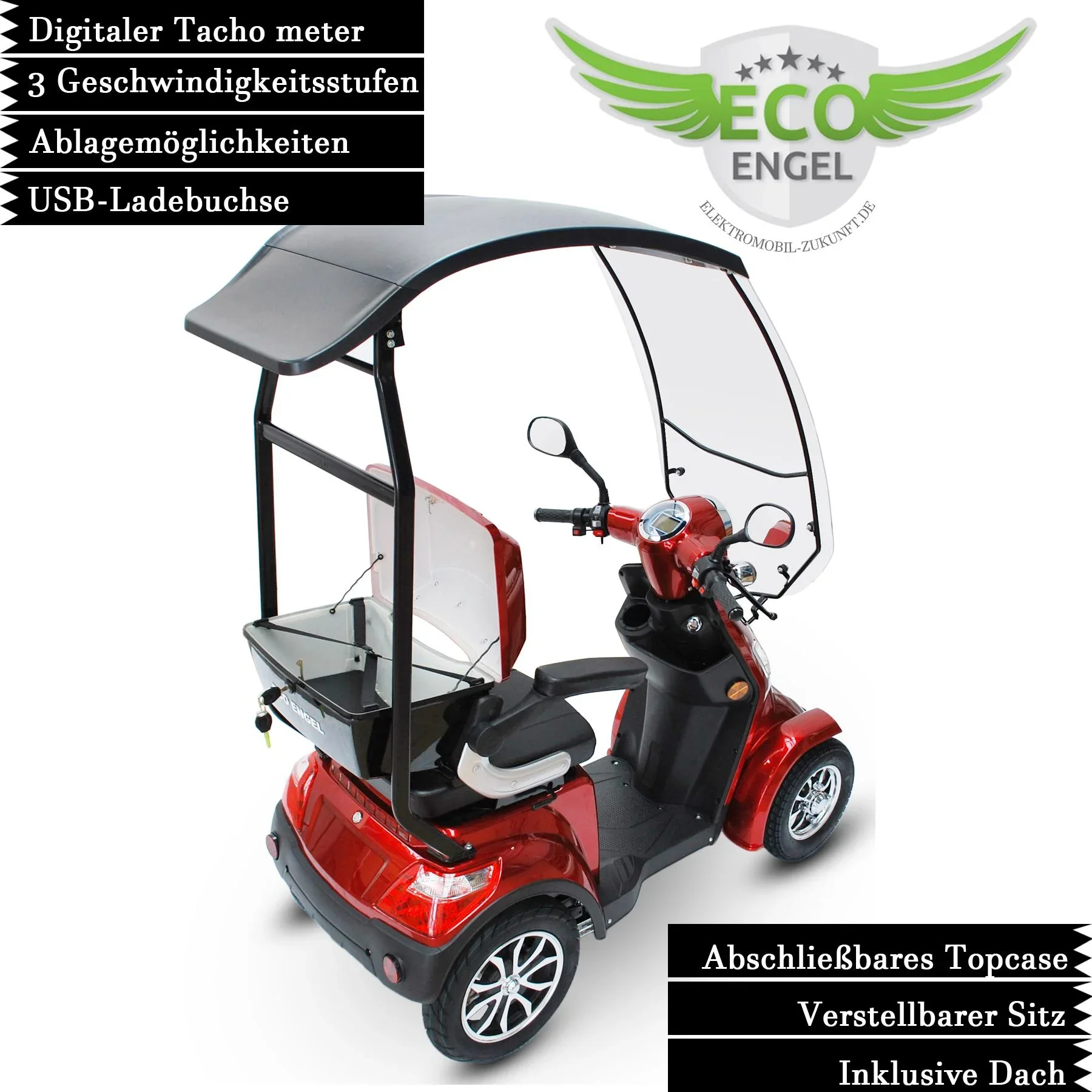 E-Scooter rot - 4 Räder - 25 km/h - mit Dach - Seniorenmobil - 2