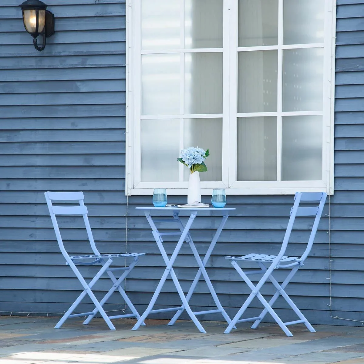 3-tlg. Gartenset Garnitur Bistrotisch mit 2 Stühlen für Hof Garten klappbar Hellblau - 0