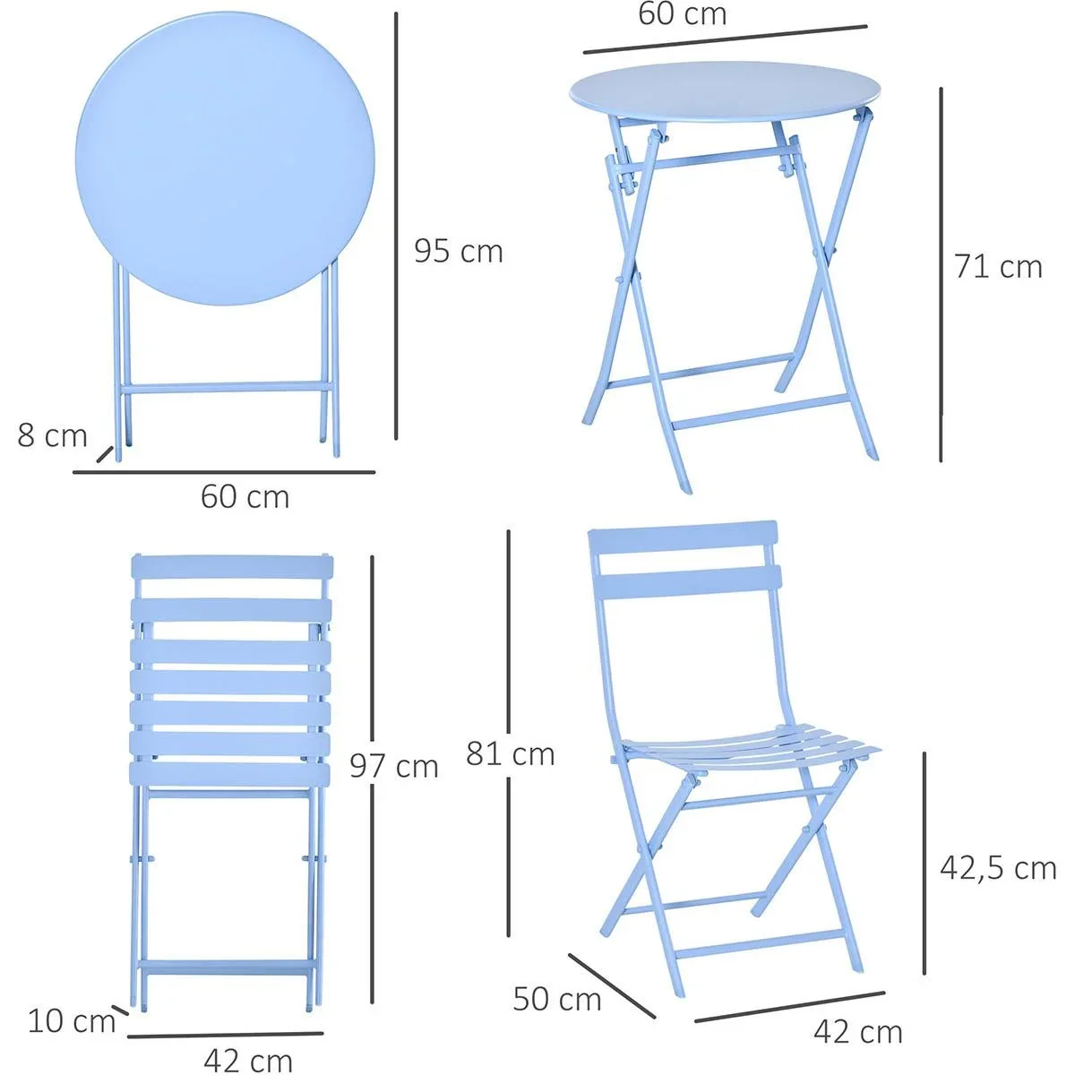 3-tlg. Gartenset Garnitur Bistrotisch mit 2 Stühlen für Hof Garten klappbar Hellblau - 1