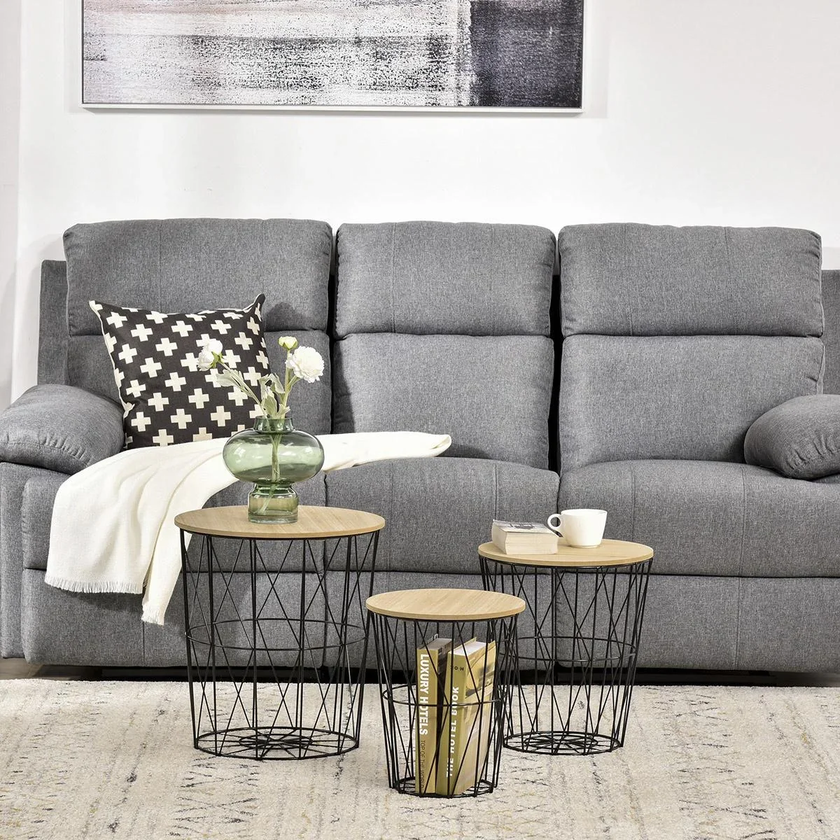 Couchtisch Beistelltisch 3-teilig Nachttisch Satztisch Wohnzimmer Schlafzimmer Metall MDF Naturholz+Schwarz Ø42 x 45H c - 0