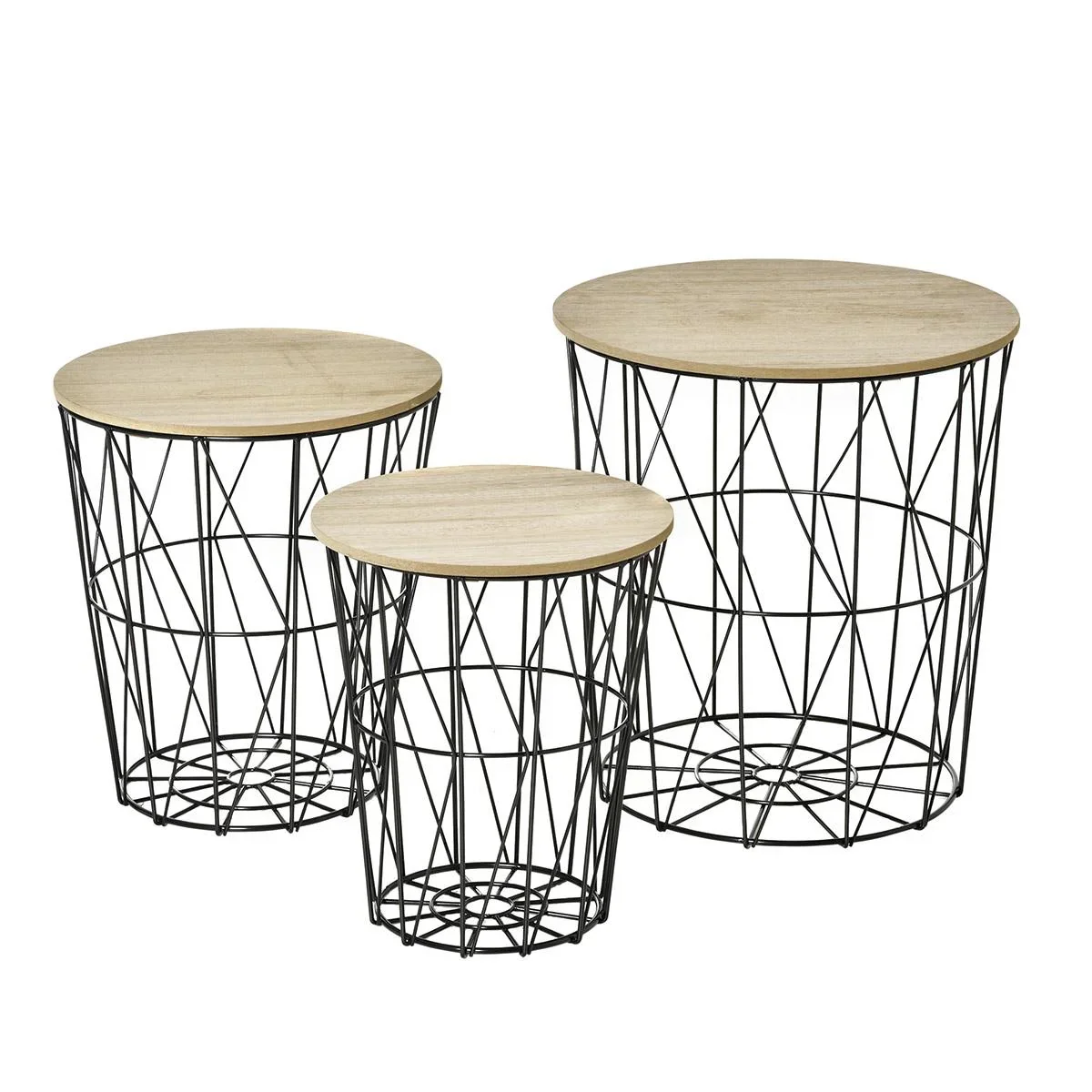 Couchtisch Beistelltisch 3-teilig Nachttisch Satztisch Wohnzimmer Schlafzimmer Metall MDF Naturholz+Schwarz Ø42 x 45H c - 1