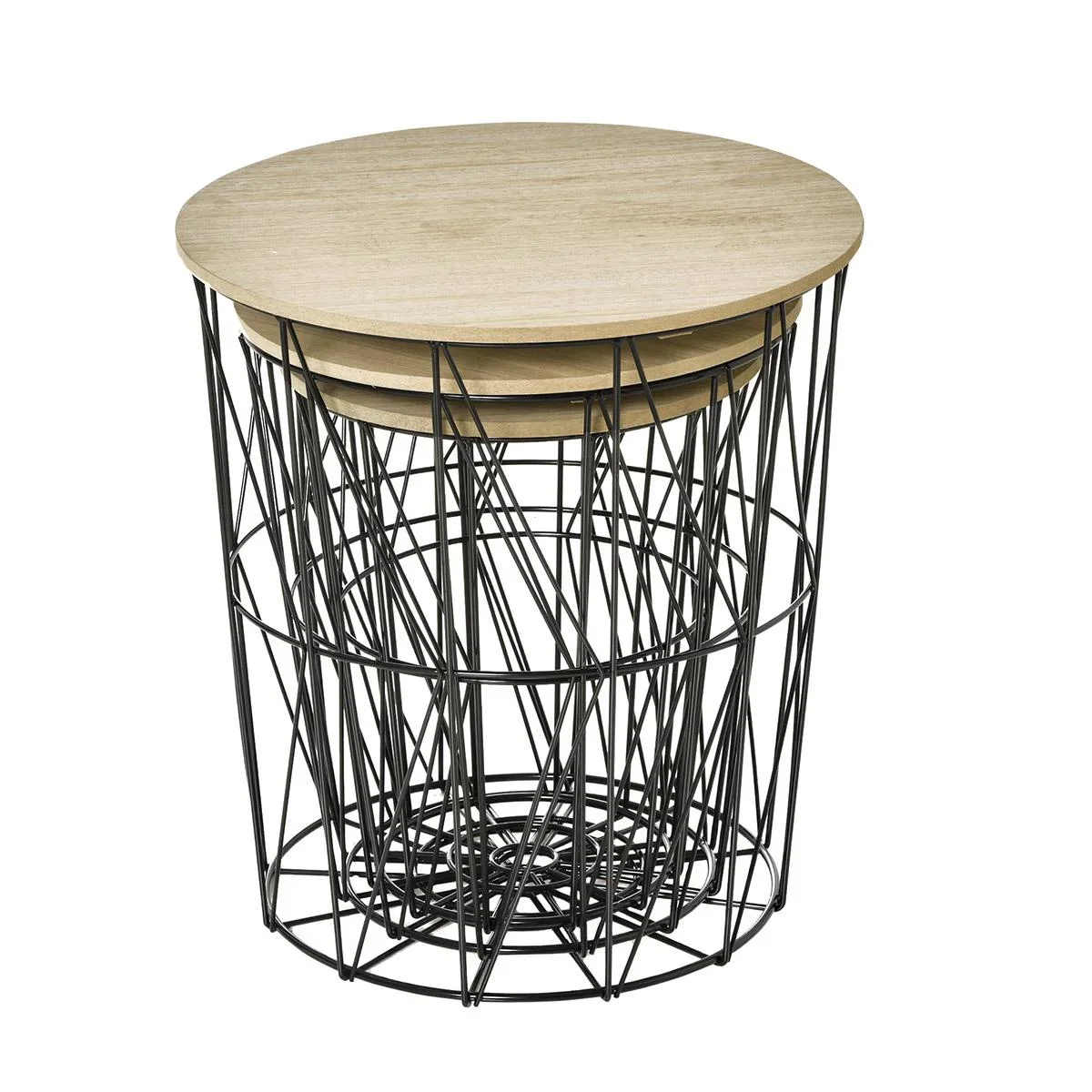 Couchtisch Beistelltisch 3-teilig Nachttisch Satztisch Wohnzimmer Schlafzimmer Metall MDF Naturholz+Schwarz Ø42 x 45H c - 2