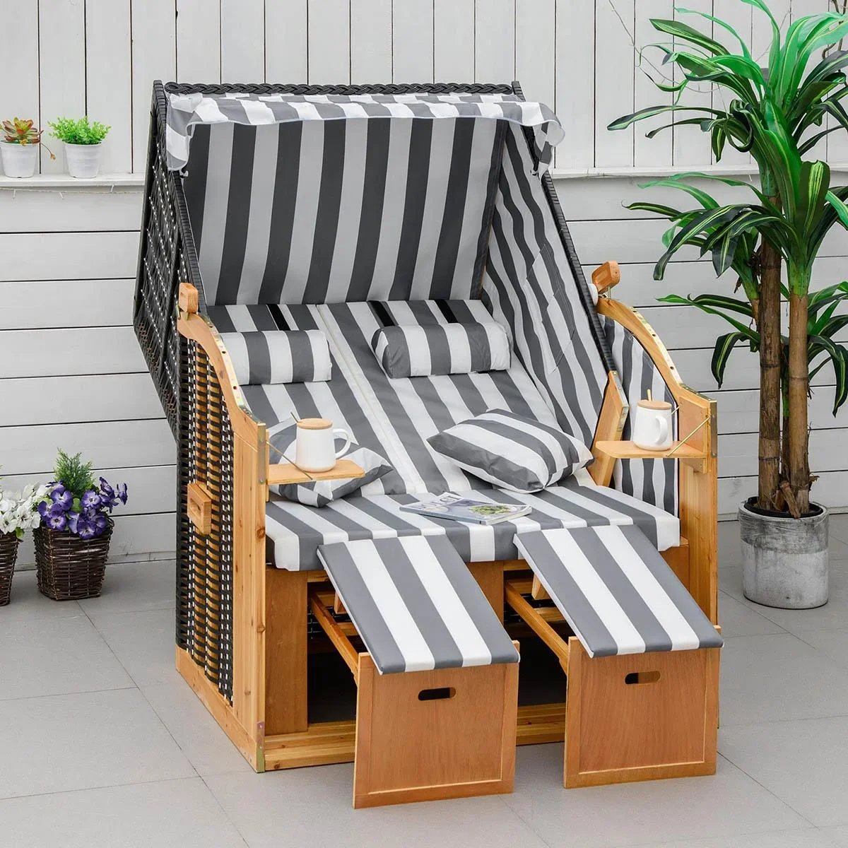 Strandkorb Doppelte Sonnenliege mit Dach Doppelliege mit Getränkehaltern Chaiselongue 5-stufige Rückenlehne PE-Rattan Gr - 2